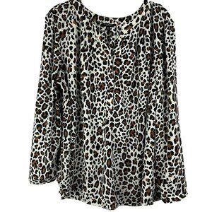 Talbots Top 2XL Petite Leopard Animal Print Chiffon Blouse Button Pullover Tunic